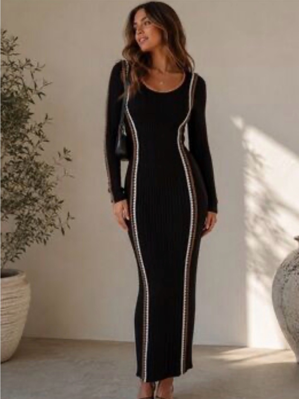 Black Ribbed Knit Bodycon Dress with Brown & White Trim